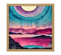 Artery8 Wall Art Print Moonrise After Sunset Landscape In Pink Teal Blue & Purple Watercolour Square Framed Picture 16X16 Inch | Size: W16" x H16" Artery8 Light Oak W16" x H16"