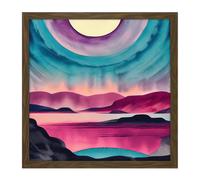 Artery8 Wall Art Print Moonrise After Sunset Landscape In Pink Teal Blue & Purple Watercolour Square Framed Picture 16X16 Inch | Size: W16" x H16" Artery8 Brown W16" x H16"