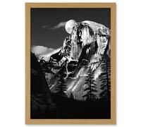 Artery8 Wall Art Print Moonrise Behind Half Dome High Contrast Black White Photograph Yosemite National Park Full Moon & Mountain Forest Landscape Artery8 Light Oak A4