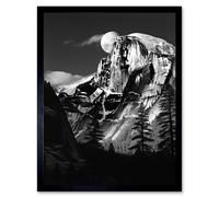 Artery8 Wall Art Print Moonrise Behind Half Dome High Contrast Black White Photograph Yosemite National Park Full Moon & Mountain Forest Landscape Artery8 Black W12" x H16"