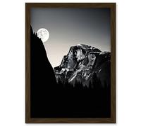 Artery8 Moonrise by Half Dome in Yosemite National Park High Contrast Black White Photograph Full Moon and Mountain Forest Landscape Artwork Framed Wall Art Print A4