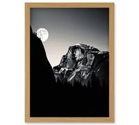 Artery8 Wall Art Print Moonrise by Half Dome in Yosemite National Park High Contrast Black White Photograph Full Moon & Mountain Forest Landscape Artery8 Light Oak A4