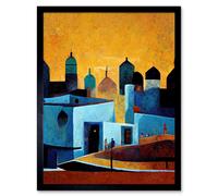 Artery8 Wall Art Print Moroccan African Cityscape Modern Blue Yellow Art Framed in Black | Size: W12" x H16" Artery8 Black W12" x H16"