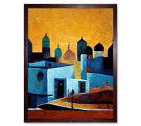 Artery8 Wall Art Print Moroccan African Cityscape Modern Blue Yellow Art Framed in Brown | Size: W12" x H16" Artery8 Brown W12" x H16"