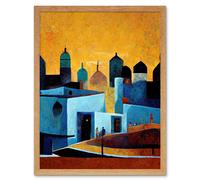 Artery8 Wall Art Print Moroccan African Cityscape Modern Blue Yellow Art Framed in Light Oak | Size: W12" x H16" Artery8 Light Oak W12" x H16"