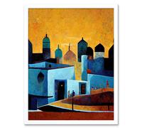 Artery8 Wall Art Print Moroccan African Cityscape Modern Blue Yellow Art Framed in White | Size: W12" x H16" Artery8 White W12" x H16"