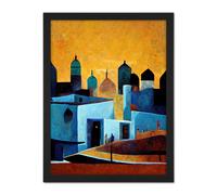 Artery8 Wall Art Print Moroccan African Cityscape Modern Blue Yellow Large Framed Wall Décor Art in Black | Size: W18" x H24" Artery8 Black W18" x H24"