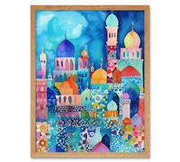Artery8 Wall Art Print Morocco Cityscape Moonlight Folk Art Framed in Light Oak | Size: W12" x H16" Artery8 Light Oak W12" x H16"