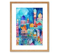 Artery8 Wall Art Print Morocco Cityscape Moonlight Folk Artwork Framed 9X7 Inch in Beige | Size: W7" x H9" Artery8 Beige W7" x H9"