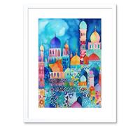 Artery8 Wall Art Print Morocco Cityscape Moonlight Folk Artwork Framed 9X7 Inch in White | Size: W7" x H9" Artery8 White W7" x H9"