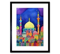 Artery8 Wall Art Print Mosque Cityscape Islam Folk Artwork Framed 9X7 Inch in Black | Size: W7" x H9" Artery8 Black W7" x H9"