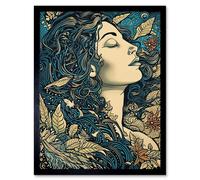 Artery8 Wall Art Print Mother Nature Modern Boho Art Nouveau Linocut Art Framed in Black | Size: W12" x H16" Artery8 Black W12" x H16"