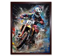 Artery8 Wall Art Print Motocross Race Action Shot Extreme Sport Painting Art Framed in Brown | Size: W12" x H16" Artery8 Brown W12" x H16"
