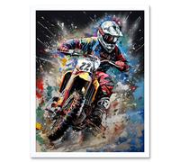 Artery8 Wall Art Print Motocross Race Action Shot Extreme Sport Painting Art Framed in White | Size: W12" x H16" Artery8 White W12" x H16"