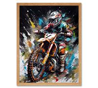 Artery8 Wall Art Print Motocross Race Driver Number 7 Racing Action Shot Art Framed in Light Oak | Size: W12" x H16" Artery8 Light Oak W12" x H16"