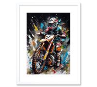 Artery8 Wall Art Print Motocross Race Driver Number 7 Racing Action Shot Artwork Framed 9X7 Inch in White | Size: W7" x H9" Artery8 White W7" x H9"