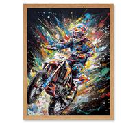 Artery8 Wall Art Print Motorcycle Motocross Rainbow Paint Splatter Art Framed in Light Oak | Size: W12" x H16" Artery8 Light Oak W12" x H16"