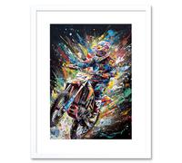 Artery8 Wall Art Print Motorcycle Motocross Rainbow Paint Splatter Artwork Framed 9X7 Inch in White | Size: W7" x H9" Artery8 White W7" x H9"