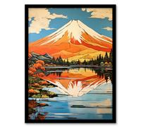 Artery8 Wall Art Print Mount Fuji Reflecting In Lake Kawaguchi Waters Oil Painting Japan Sacred Volcano Mountain Art Framed | Size: W12" x H16" Artery8 Black W12" x H16"