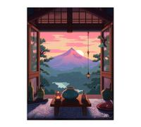 Wall Art Print Mount Fuji View from House Patio Colourful Painting Traditional Tea Ceremony Japan Hospitality Sunset Mountain Landscape Poster Artery8 Pink W12 inch x H16 inch