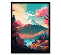 Artery8 Wall Art Print Mount Fuji View Through Cherry Blossom Trees Vibrant Painting Pink Orange Blue Path to Japan Temple on Tranquil Lake Landscape Artery8 Blue A4