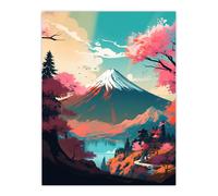 Artery8 Wall Art Print Mount Fuji View Through Cherry Blossom Trees Vibrant Painting Pink Orange Blue Path to Japan Temple on Tranquil Lake Landscape Artery8 Blue W24" x H32"