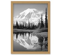 Artery8 Wall Art Print Mount McKinley Reflecting on Wonder Lake Tranquil Water Black & White Photograph Scenic Mountain Valley Landscape Artwork Artery8 Light Oak A4
