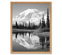 Artery8 Wall Art Print Mount McKinley Reflecting on Wonder Lake Tranquil Water Black & White Photograph Scenic Mountain Valley Landscape Art Framed Artery8 Light Oak W12" x H16"