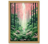 Wall Art Print Mount Yoshino Cherry Blossom Tree Forest Bright Artwork Baby Pink Green Walk in Nature Trail Artwork Framed A4 Artery8 Light Oak A4