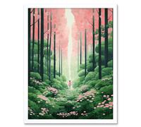 Artery8 Wall Art Print Mount Yoshino Cherry Blossom Tree Forest Bright Artwork Baby Pink Green Walk in Nature Trail Art Framed | Size: W12" x H16" Artery8 White W12" x H16"