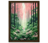 Wall Art Print Mount Yoshino Cherry Blossom Tree Forest Bright Artwork Baby Pink Green Walk in Nature Trail Artwork Framed A4 Artery8 Brown A4