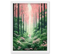 Artery8 Wall Art Print Mount Yoshino Cherry Blossom Tree Forest Bright Artwork Baby Pink Green Walk in Nature Trail Artwork Framed A4 in White Artery8 White A4