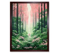 Artery8 Wall Art Print Mount Yoshino Cherry Blossom Tree Forest Bright Artwork Baby Pink Green Walk in Nature Trail Art Framed | Size: W12" x H16" Artery8 Brown W12" x H16"