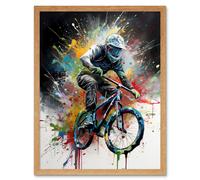 Artery8 Wall Art Print Mountain Biking Extreme Sport Paint Splat Portrait Art Framed in Light Oak | Size: W12" x H16" Artery8 Light Oak W12" x H16"