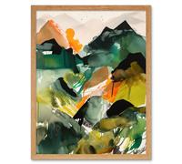 Artery8 Wall Art Print Mountain Range Slopes Abstract Brushstroke Landscape Modern Watercolour Painting Art Framed in Light Oak | Size: W12" x H16" Artery8 Light Oak W12" x H16"