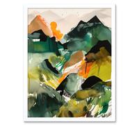 Artery8 Wall Art Print Mountain Range Slopes Abstract Brushstroke Landscape Modern Watercolour Painting Art Framed in White | Size: W12" x H16" Artery8 White W12" x H16"