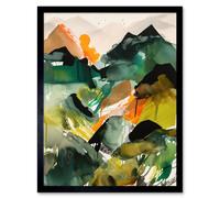 Artery8 Wall Art Print Mountain Range Slopes Abstract Brushstroke Landscape Modern Watercolour Painting Art Framed in Black | Size: W12" x H16" Artery8 Black W12" x H16"