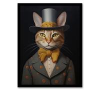 Artery8 Wall Art Print Mr Buttons Oil Painting Tan Grey Cream Elegant Cat Portrait with Bow Tie & Top Hat Artwork Framed | Size: A4 Artery8 Grey A4
