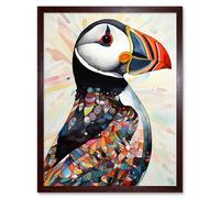 Artery8 Wall Art Print Multicolour Pattern Feather Puffin Bird Folk Art Framed in Brown | Size: W12" x H16" Artery8 Brown W12" x H16"