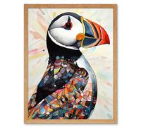 Artery8 Wall Art Print Multicolour Pattern Feather Puffin Bird Folk Art Framed in Light Oak | Size: W12" x H16" Artery8 Light Oak W12" x H16"
