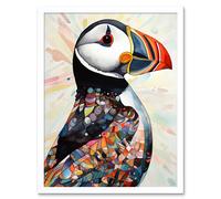 Artery8 Wall Art Print Multicolour Pattern Feather Puffin Bird Folk Art Framed in White | Size: W12" x H16" Artery8 White W12" x H16"