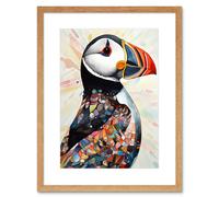 Artery8 Wall Art Print Multicolour Pattern Feather Puffin Bird Folk Artwork Framed 9X7 Inch in Beige | Size: W7" x H9" Artery8 Beige W7" x H9"