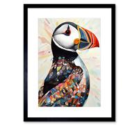 Artery8 Wall Art Print Multicolour Pattern Feather Puffin Bird Folk Artwork Framed 9X7 Inch in Black | Size: W7" x H9" Artery8 Black W7" x H9"