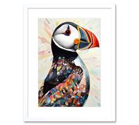 Artery8 Wall Art Print Multicolour Pattern Feather Puffin Bird Folk Artwork Framed 9X7 Inch in White | Size: W7" x H9" Artery8 White W7" x H9"