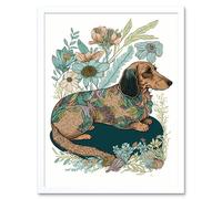Artery8 Wall Art Print Multicoloured Fur Dachshund Dog with Spring Flowers Modern Watercolour Art Framed in White | Size: W12" x H16" Artery8 White W12" x H16"