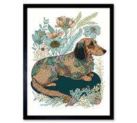 Artery8 Wall Art Print Multicoloured Fur Dachshund Dog with Spring Flowers Modern Watercolour Art Framed in Black | Size: W12" x H16" Artery8 Black W12" x H16"