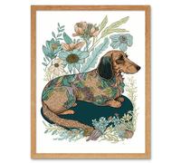 Artery8 Wall Art Print Multicoloured Fur Dachshund Dog with Spring Flowers Modern Watercolour Art Framed in Light Oak | Size: W12" x H16" Artery8 Light Oak W12" x H16"
