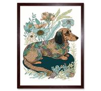 Artery8 Wall Art Print Multicoloured Fur Dachshund Dog with Spring Flowers Modern Watercolour Art Framed in Brown | Size: W12" x H16" Artery8 Brown W12" x H16"