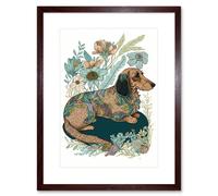 Artery8 Wall Art Print Multicoloured Fur Dachshund Dog with Spring Flowers Modern Watercolour Artwork Framed 9X7 Inch in Brown | Size: W7" x H9" Artery8 Brown W7" x H9"