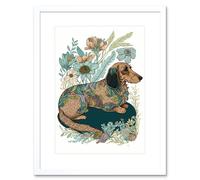 Artery8 Wall Art Print Multicoloured Fur Dachshund Dog with Spring Flowers Modern Watercolour Artwork Framed 9X7 Inch in White | Size: W7" x H9" Artery8 White W7" x H9"